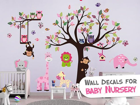 DEKOSH Pink Jungle Baby Nursery Wall Decal, Peel & Stick Colorful Owl Giraffe Lion Animal Stickers