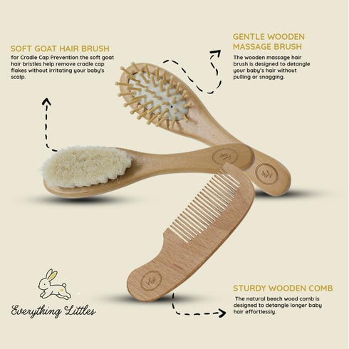 Everything Littles Set 3 Pack Wooden Baby Brush - | Massage Brush, Soft Goat Hair Cradle Cap Brush & Sturdy Wooden Comb