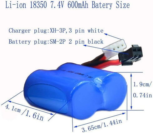 Blomiky 2 7.4V 600mAh Lion Battery with SM-2P Black 2 Pin Plug for Skytech RC Ship Boat