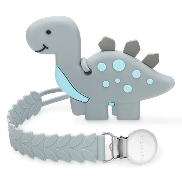 MISSLILI Teething Toys for Babies 0-6 & 6-12 Months, Dinosaur Shape Silicone Teether with Clip (Gray)
