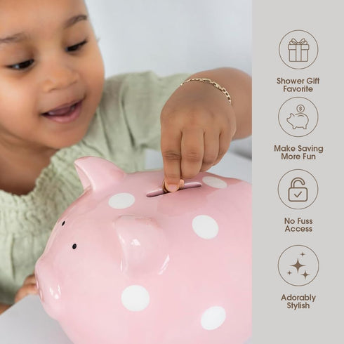 Pearhead Large Ceramic Piggy Bank, Pink Polka Dot Coin Bank for Kids, Gender-Neutral Nursery Decor, Newborn Savings