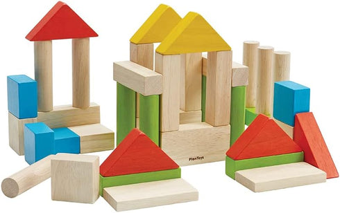 PlanToys Wooden Building Blocks, 40 Unit Blocks Natural and Color, Sustainably Made from Rubberwood