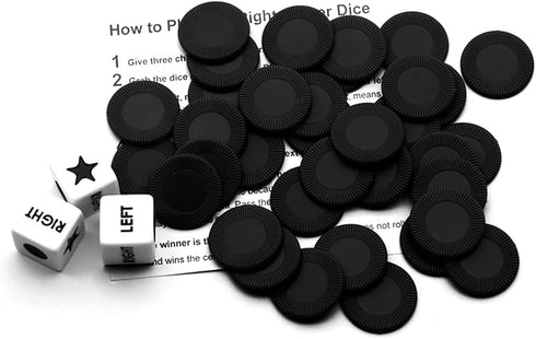 Left Right Center Dice Game Set with 3 Dices + 36 Black Chips for Family Game Night