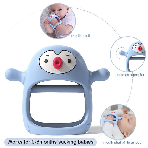 Smily Mia 2pack Blue+Grey Penguin Teether for Babies 0-6 Months, Silicone Teething Mittens & Chew Toys for 3-6 Months