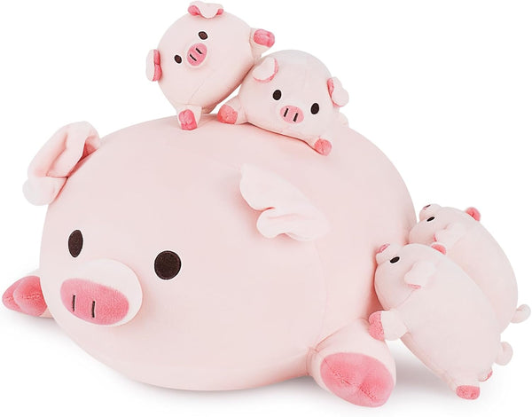 Achwishap 5PCS Pig Family,Pig Stuffed Animal Mommy with 4 Pig Babies Plush,Cute