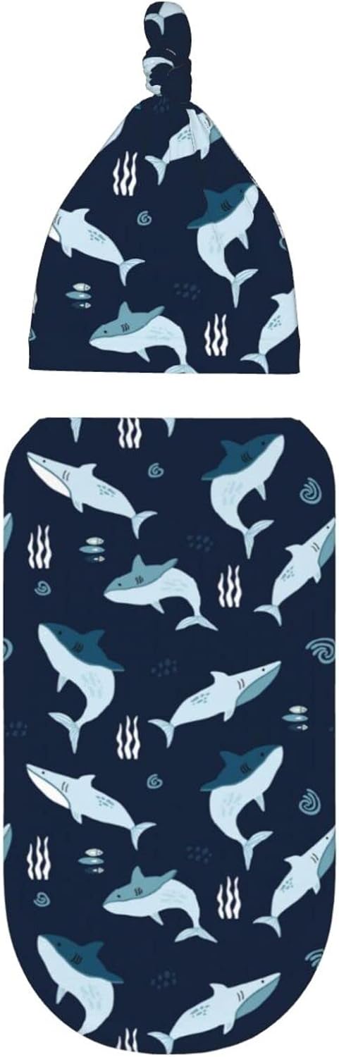 Osvbs Sets Sharks Ocean Baby Stuff Newborn Swaddle Blanket Animal Baby Wrap Blanket Soft with Beanie Hat Gifts
