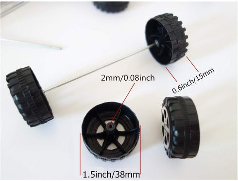 60 Pcs Plastic Roll 2mm Dia Shaft Car Wheel with 30 Pcs Shaft Round Rod Axles for DIY RC Car Projects