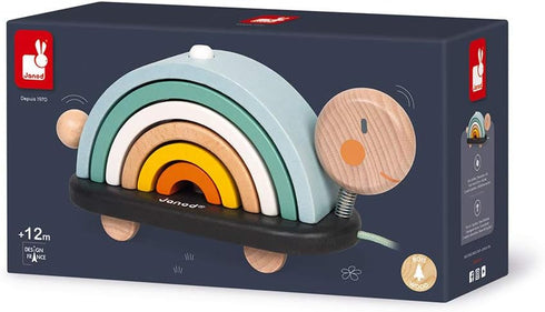 Janod Sweet Cocoon Wooden Rainbow Turtle - 7 Piece Stacking & Pull Toy with 6 Pastel Arches for Ages 18 Months+