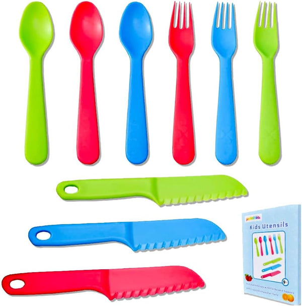Kids Cutlery Set - Jawbush 9 Pcs Plastic Toddler Utensils with Forks, Spoons, and Knives for School