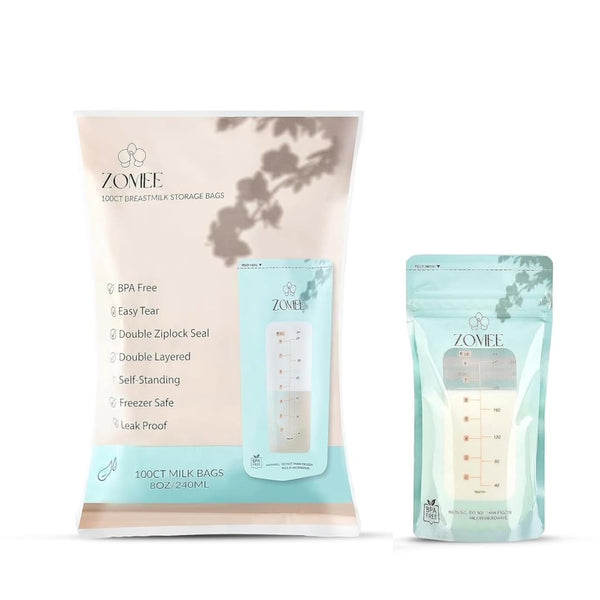Zomee Breast Milk Storage Bags 8oz Leakproof Double-Zip Seal, Self-Standing, Easy-Pour Design,