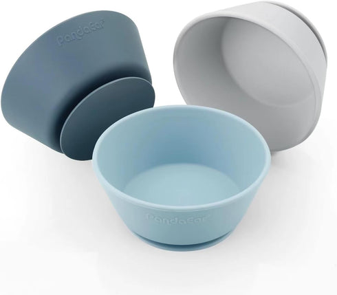 PandaEar 3 Pack Baby Suction Bowls, Silicone Food Bowls for First Stage Feeding, BPA-Free, Blue/Gray