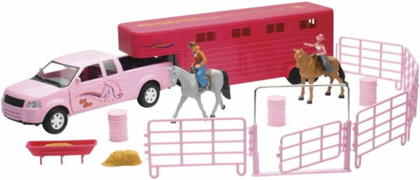 NewRay Valley Ranch Pink Pick Up Truck and Horse Trailer Playset