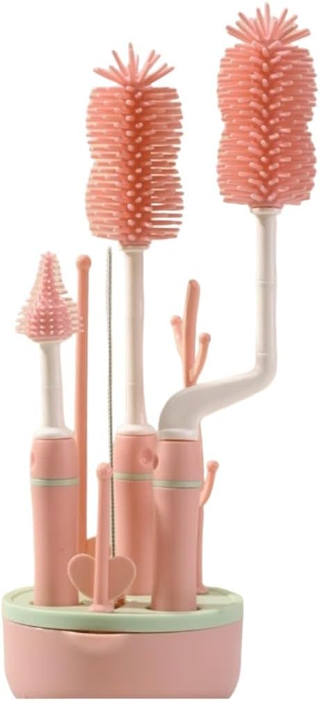 Silicone Baby Bottle Brush Set with Stand, 360° Rotating Cleaning Brush, 4-Piece Multipurpose Silicone Baby Bottle and