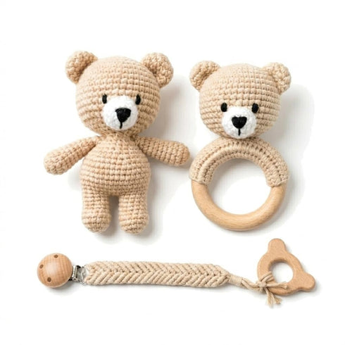 Generic Organic Crochet Bear Baby Rattle Toy - Handmade Newborn Gift Set with