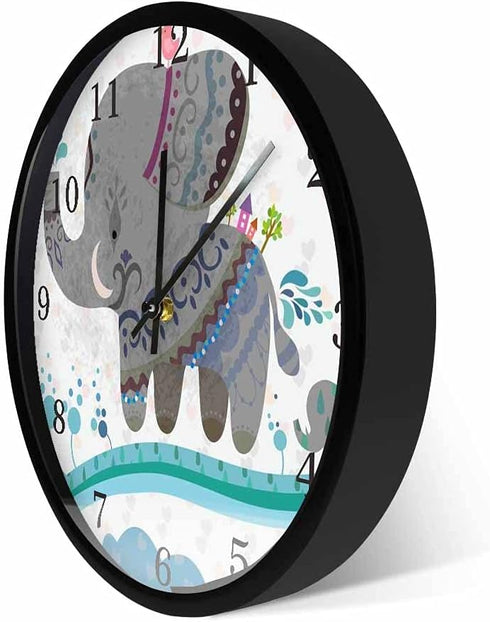 Geek Alerts Little Animals Cartoon Elephants Wall Clock with Sound Control LED Night Light Animal Metal Frame Silent