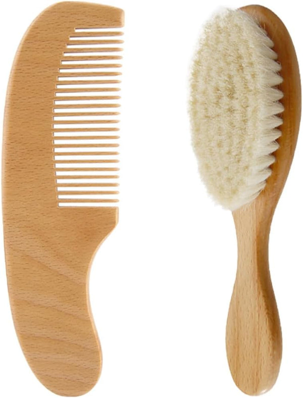 Milisten Hair Washing Brush and Wooden Comb Set for Newborns, Soft Wool