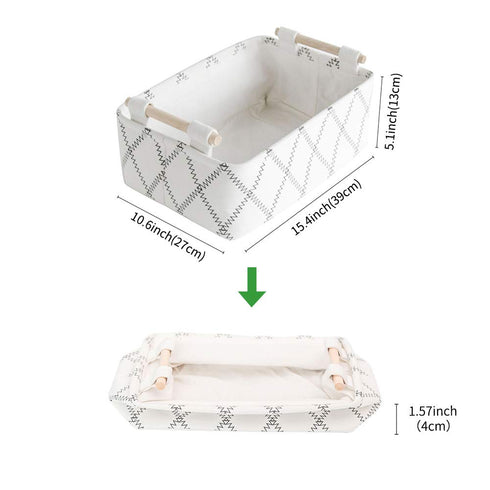 Decorative Collapsible Rectangular Fabric Storage Bin Organizer Basket - 15.4x10.6x5.1 inch, White with Wooden Handles