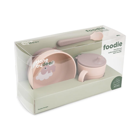 Set 2-Handle Set Done by Deer Foodie First Meal with Suction Base Bowl, Spout Cup & Spoon Happy Clouds Design in Powder