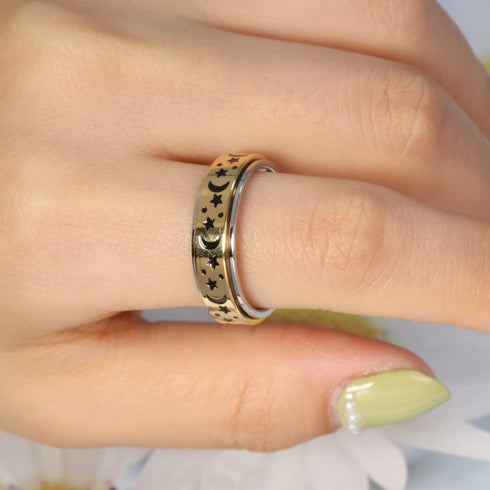 OreilleStar Anxiety Ring for Women Fidget Ring Stainless Steel Fidget Toys Adults Spinner Rings Gold Silver Moon Star