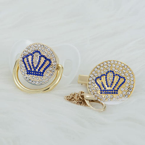 Set Handmade Bling Baby Gold Blue Crown Pacifier and Clip Unique Gift for Baby Shower