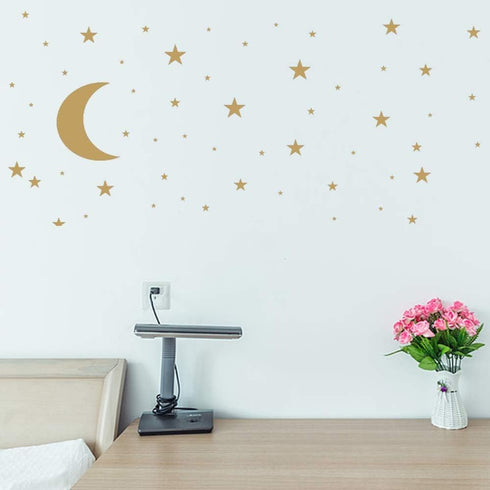 Moon and Stars Wall Decal Vinyl Sticker, Removable Kids Art for Baby Room Decoration, Good Night Nursery Decor (Golden)