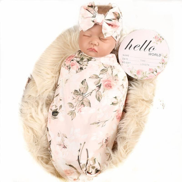 Galabloomer Newborn Receiving Blanket Headband Set, Flower Print Baby Swaddle Receiving Blankets