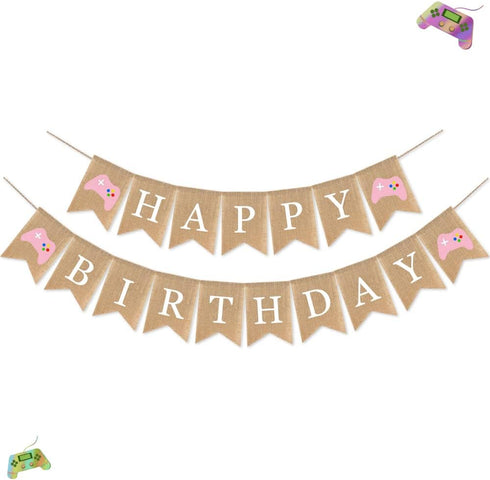 Video Game Birthday Decorations - Pink Game Controller Happy Birthday Burlap Banner, Gamer Themed Sign