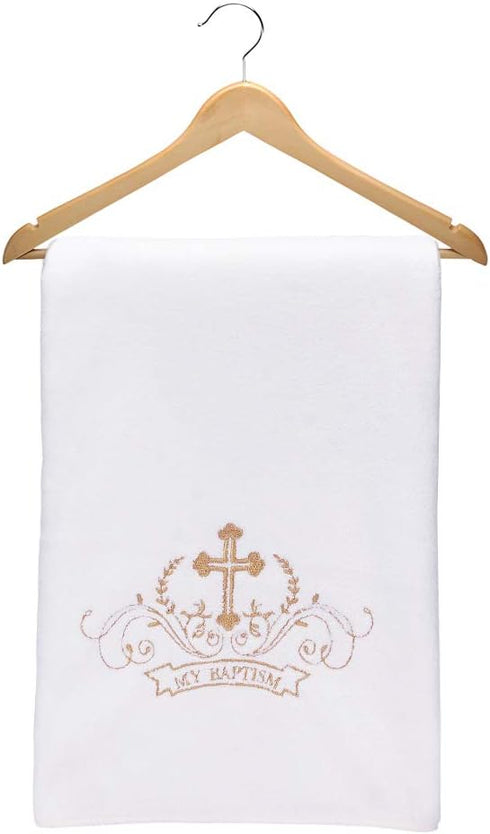 Cozy My Baptism Baby Christening Dedication White Blanket with Embroidered Cross Premium Soft Warm Coral Fleece
