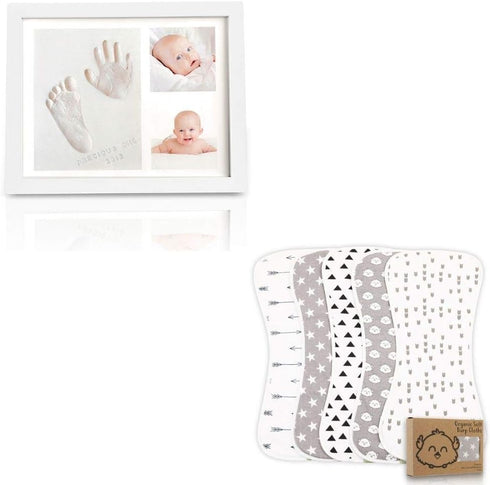 Baby Handprint Footprint Keepsake Kit and Organic Burp Cloth Set Bundle