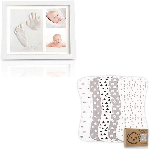 Baby Handprint Footprint Keepsake Kit and Organic Burp Cloth Set Bundle