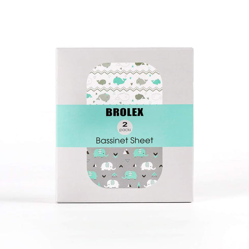 Stretch Fitted Bassinet Sheet Set BROLEX, 2 Pack Cradle Sheets for Bassinet Pad, Unisex Elephant Whale
