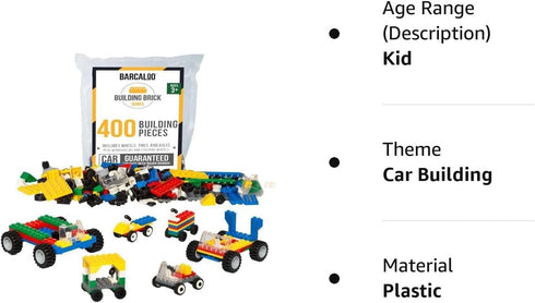 Barcaloo 400 Piece Wheels and Axles Set, Building Bricks Car Parts Kit