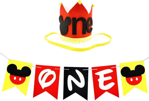 Mickey Theme 1st Birthday High Chair Banner & Party Crown/Hat, Felt Fabric Sign