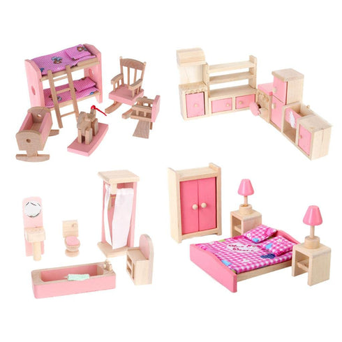 4 Set Dollhouse Furniture Kid Toy Bathroom, Bedroom, Kitchen Set