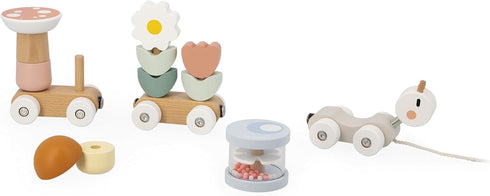 2 10 12 J04010, Janod Snail Train - Wagons and Pieces Including Removable Rattle - Pull Toy - Wood and Water Painting