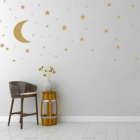 Moon and Stars Wall Decal Vinyl Sticker, Removable Kids Art for Baby Room Decoration, Good Night Nursery Decor (Golden)