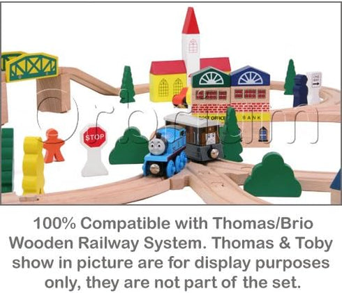 Orbrium Toys 100 Piece Triple Loop Wooden Train Set Track - Fits Thomas Brio