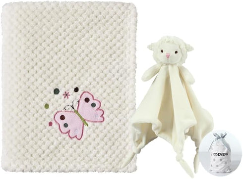 CREVENT Soft Cozy Baby Blankets + Security Blanket Set with Gift Bag, Newborn Essentials (Ivory)