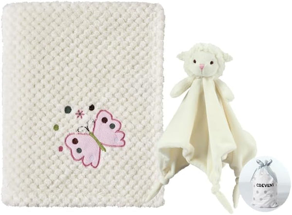 CREVENT Soft Cozy Baby Blankets + Security Blanket Set with Gift Bag, Newborn Essentials (Ivory)