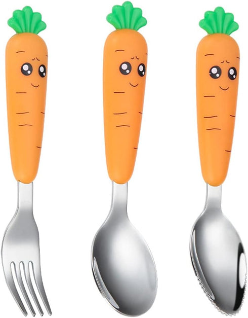 Travel Cutlery Set Baby, 3 PCS Toddler Utensils, Kids Spoon and Fork Self-Feeding, Stainless Steel Fun Baby Silverware