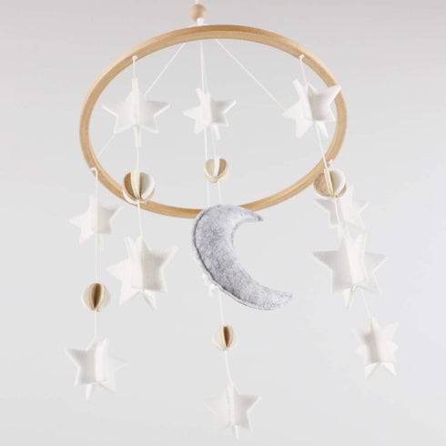 Baby Crib Mobile - Moon & Stars in Grey, White & Cream - Unisex Nursery Decoration