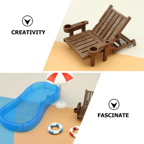Toyvian 2 Sets Doll House Swimming Pool with Swimming Ring, Folding Beach Sunbath Chair Miniature Craft Furniture Pool