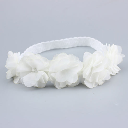 Baby Toddler Elastic Chiffon Flower Headbands, Princess Girls Hand Sewing Beads Flower Headwear (QJ11 White Pink)