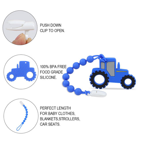 Baby Tractor Teething Toys,Food Grade Silicone Teether with One-Piece Pacifier Clip Holder,Highly Effective Pain Relief for 3 Months+ Boy and Girl,BPA Free,Freezer Safe. (Blue)