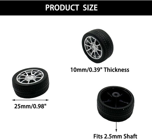 URIMPAVIDO 10PCS 25mm (2.5x25mm) Toy Car Wheels Rubber Tire Wheels with Metal Shaft for RC Car Truck DIY Model Toy