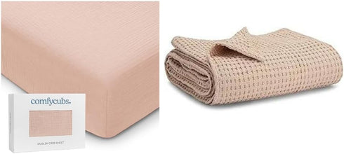 Comfy Cubs Muslin Fitted Crib Sheet and Waffle Blanket Bundled