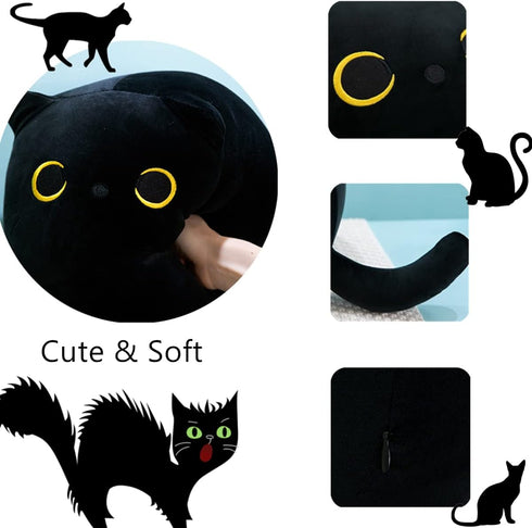 Long Black Cat Plush Body Pillow - 35.43'' Kawaii Black Cat Plush Kitten Sleeping Pillow Gift for Kids Girlfriend