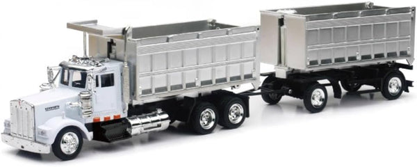 NewRay Kenworth W900 Double Dump Truck with Trailer in Red and Chrome, cab