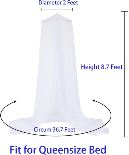 BCBYou Bed Canopy Mosquito Net with Fluorescent Stars for Baby, Kids, and Adults, White