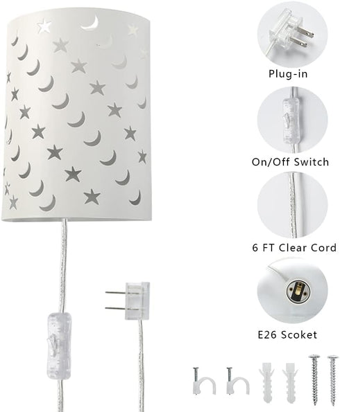 AizzKry 6FT E26 Bulb) Plug In Wall Sconce Stars and Moons Kids Wall Lamp, Nursery Baby Room Wall Light with Plug